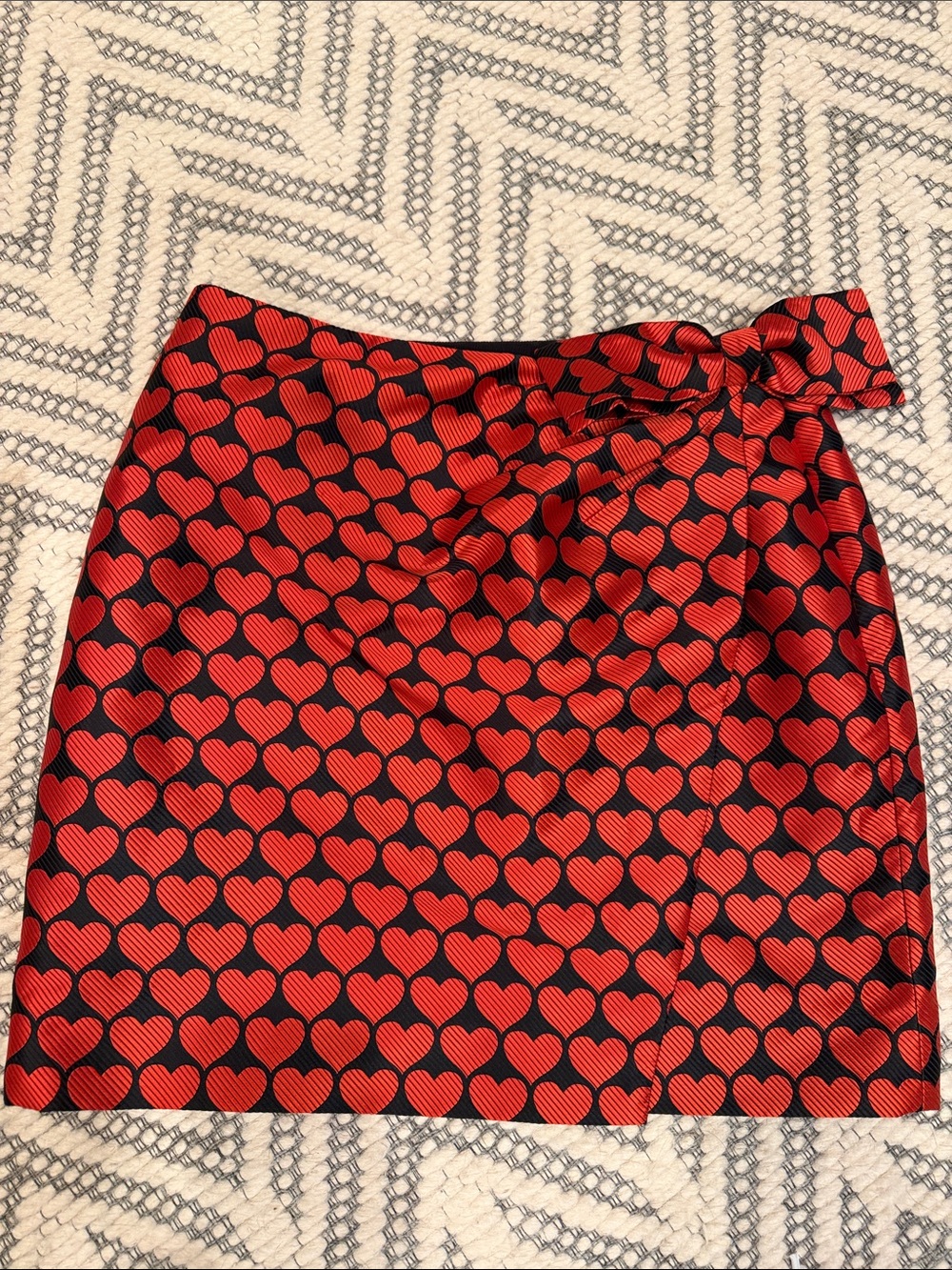 J. Crew Red and Black Heart-Print Mini Skirt with Side Bow.  Never Worn!